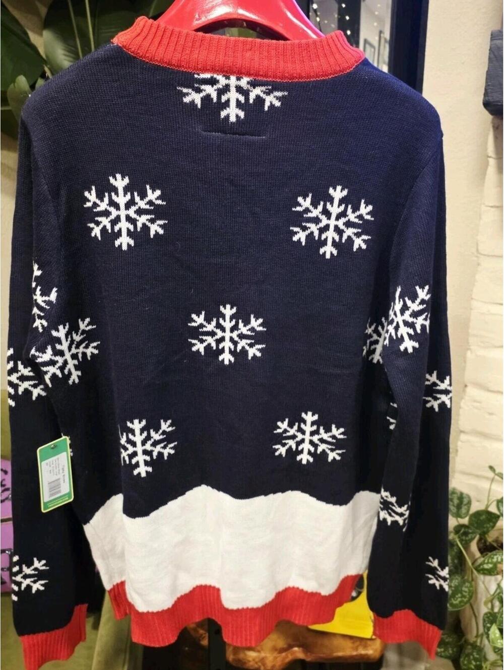 NWT Tispy Elves Sz L Santa In A Thong Ugly Christmas Sweater Snowflakes Tree - Picture 4 of 6